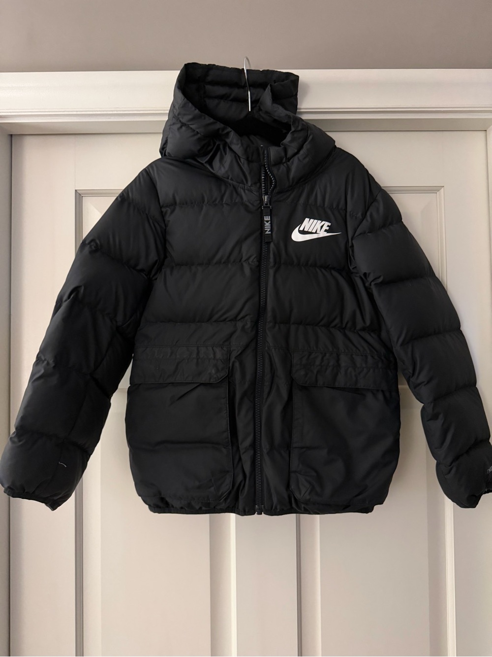 Nike Black Puffer Jacket with Hood and White Swoosh - Kids